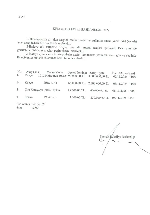 Kemah Belediyesi'nden Araç Satış İhalesi Duyurusu