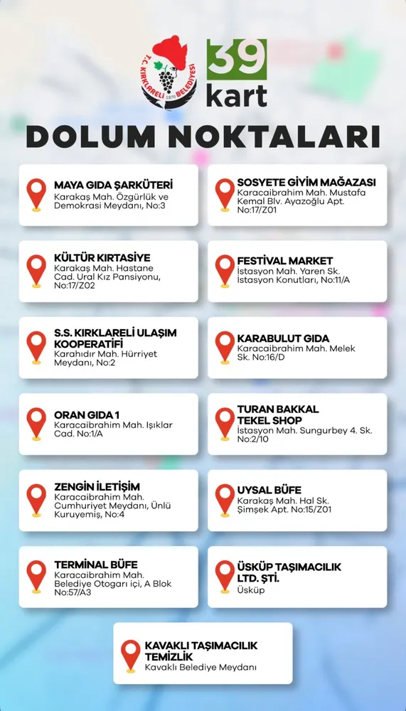 Kırklareli Belediyesi 39 Kart Dolum Noktasını Duyurdu